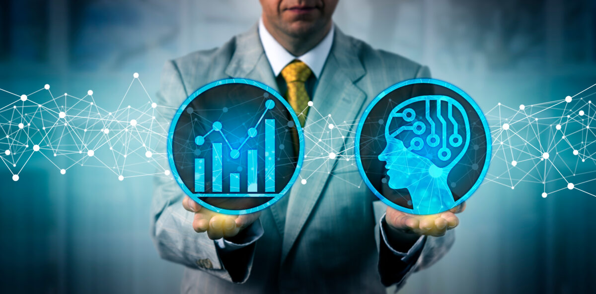 Business professional presenting digital icons of data analytics and artificial intelligence, symbolising predictive technology and machine learning in modern business operations